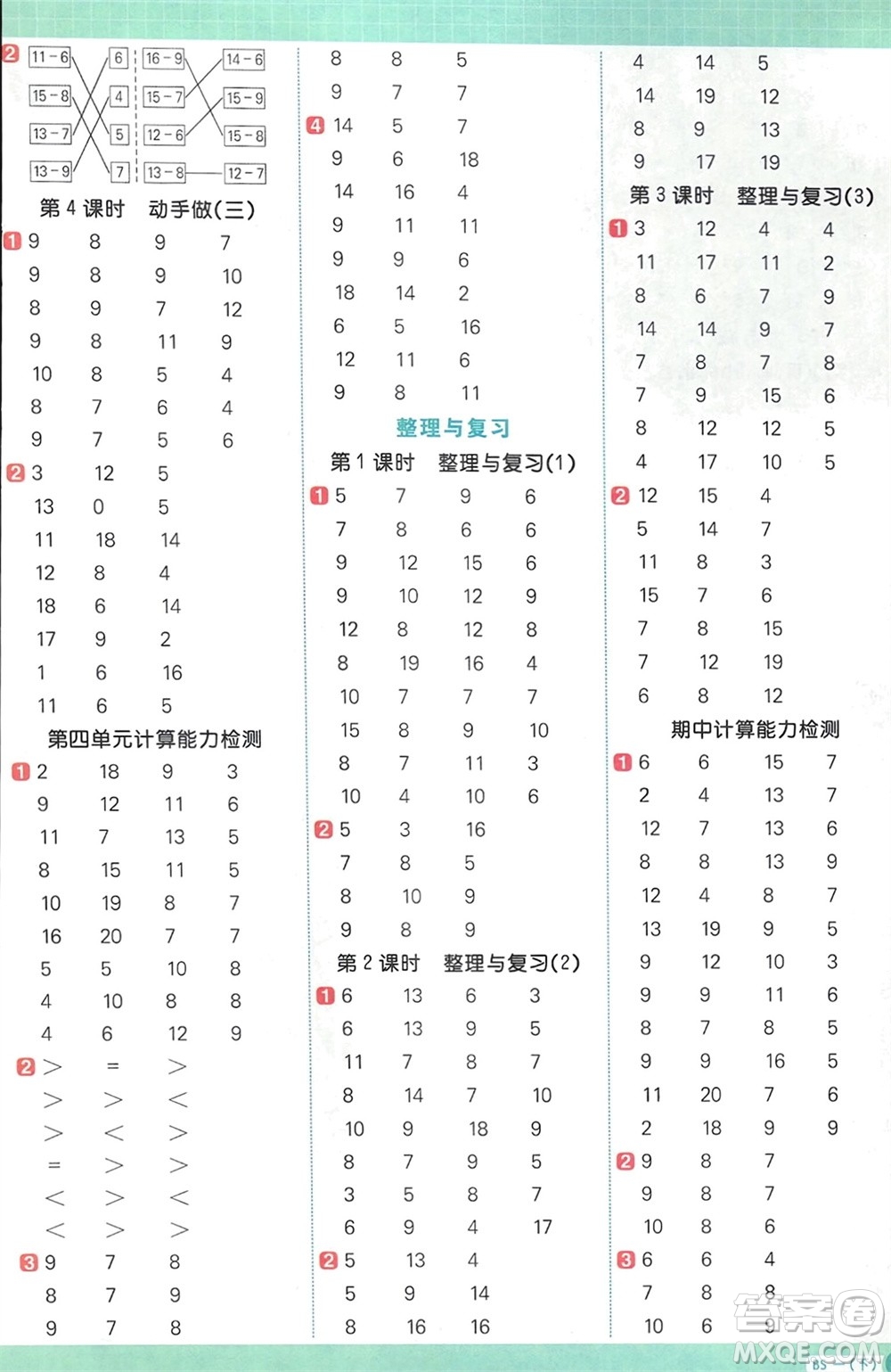 江西教育出版社2024年春陽光同學(xué)計算小達(dá)人一年級數(shù)學(xué)下冊北師大版參考答案