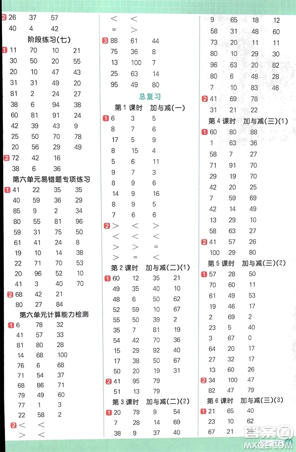 江西教育出版社2024年春陽光同學(xué)計算小達(dá)人一年級數(shù)學(xué)下冊北師大版參考答案