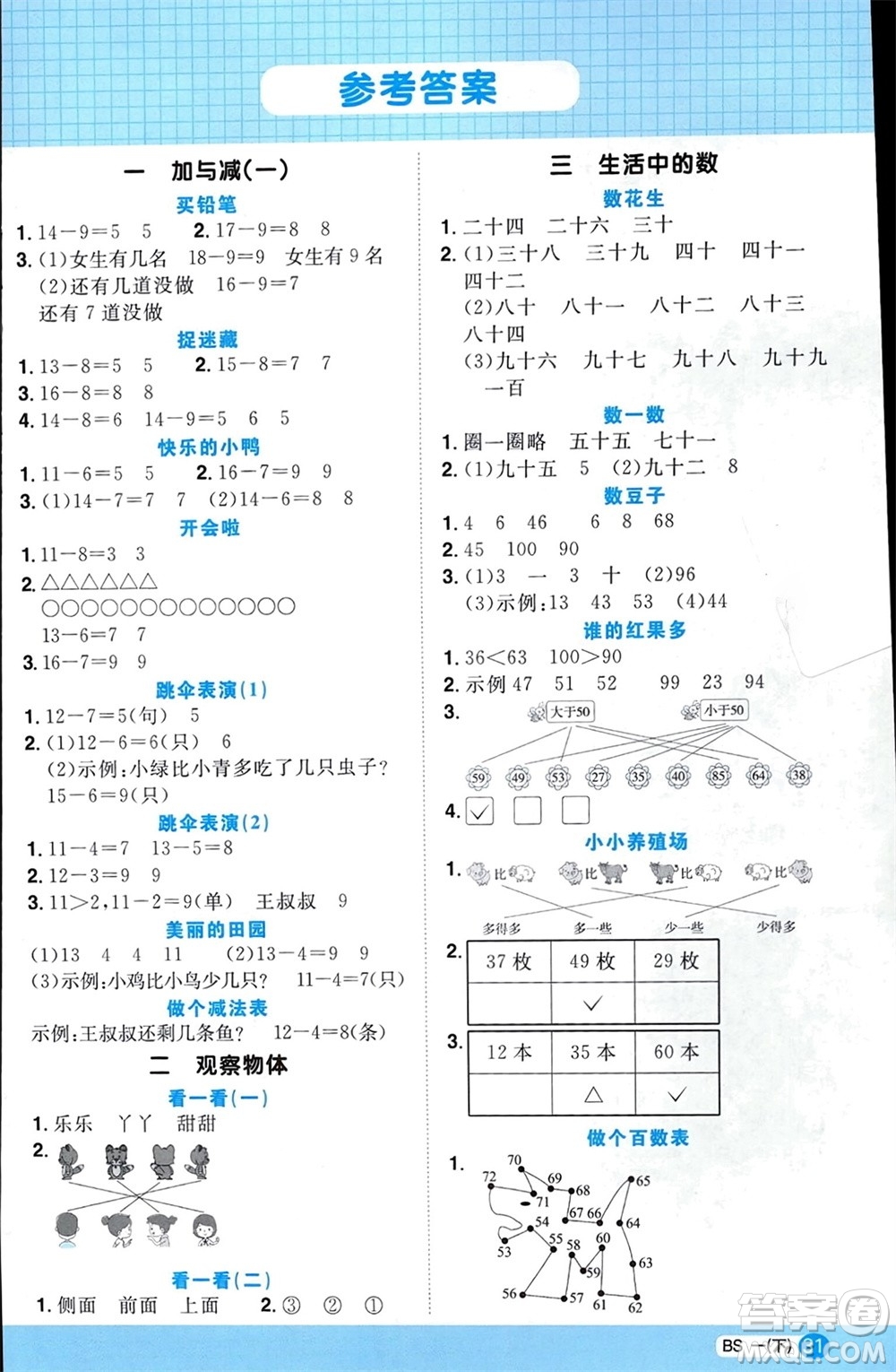 江西教育出版社2024年春陽光同學(xué)計算小達(dá)人一年級數(shù)學(xué)下冊北師大版參考答案
