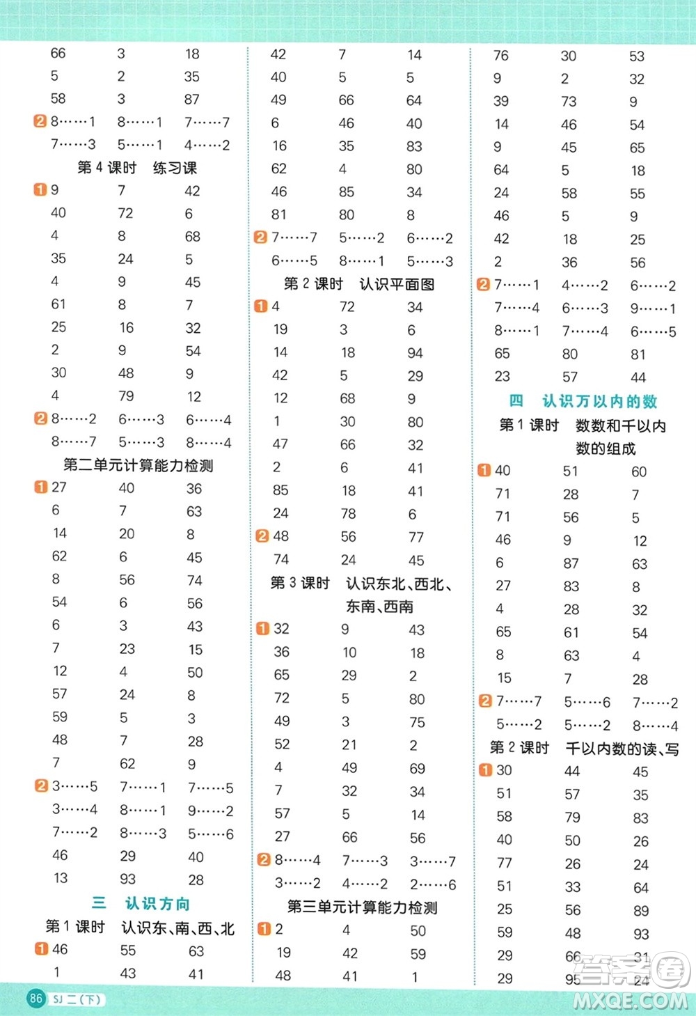 江西教育出版社2024年春陽光同學(xué)計算小達(dá)人二年級數(shù)學(xué)下冊蘇教版參考答案