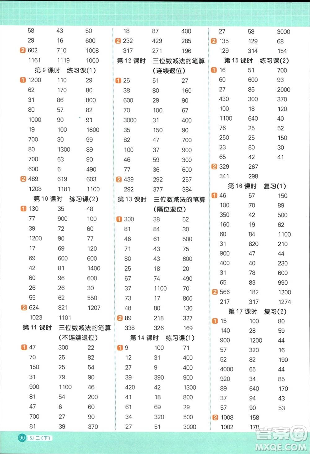 江西教育出版社2024年春陽光同學(xué)計算小達(dá)人二年級數(shù)學(xué)下冊蘇教版參考答案