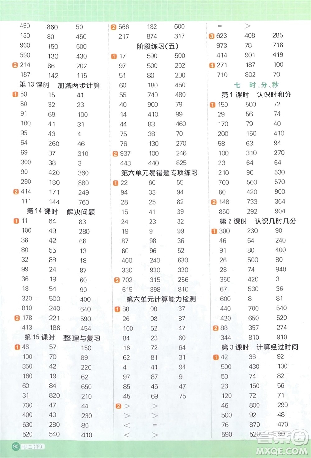 江西教育出版社2024年春陽光同學計算小達人二年級數(shù)學下冊冀教版參考答案