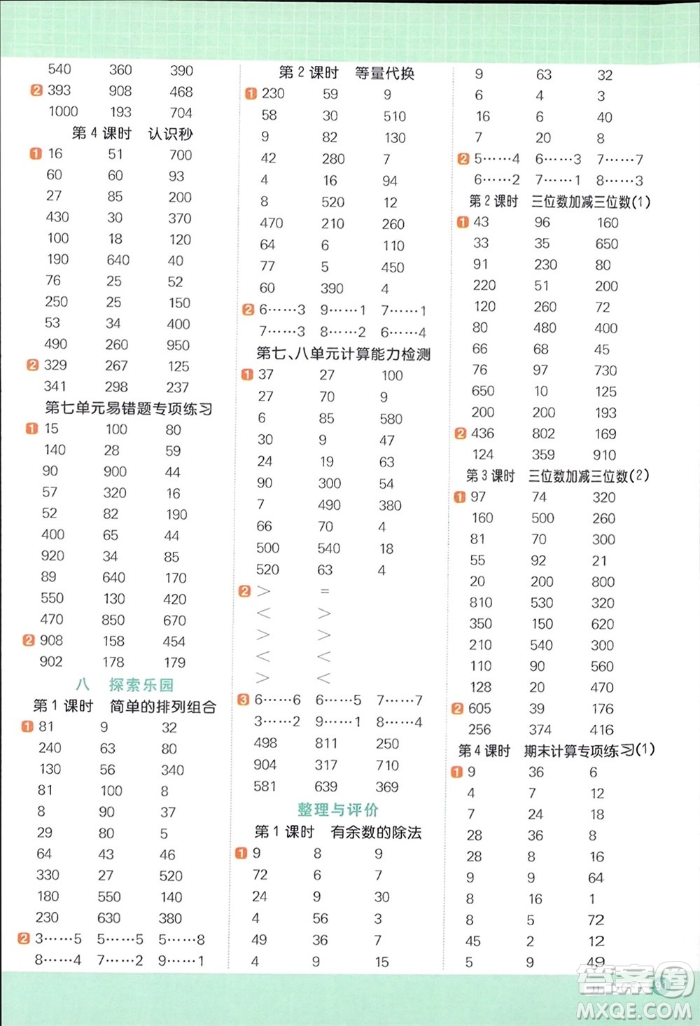 江西教育出版社2024年春陽光同學計算小達人二年級數(shù)學下冊冀教版參考答案