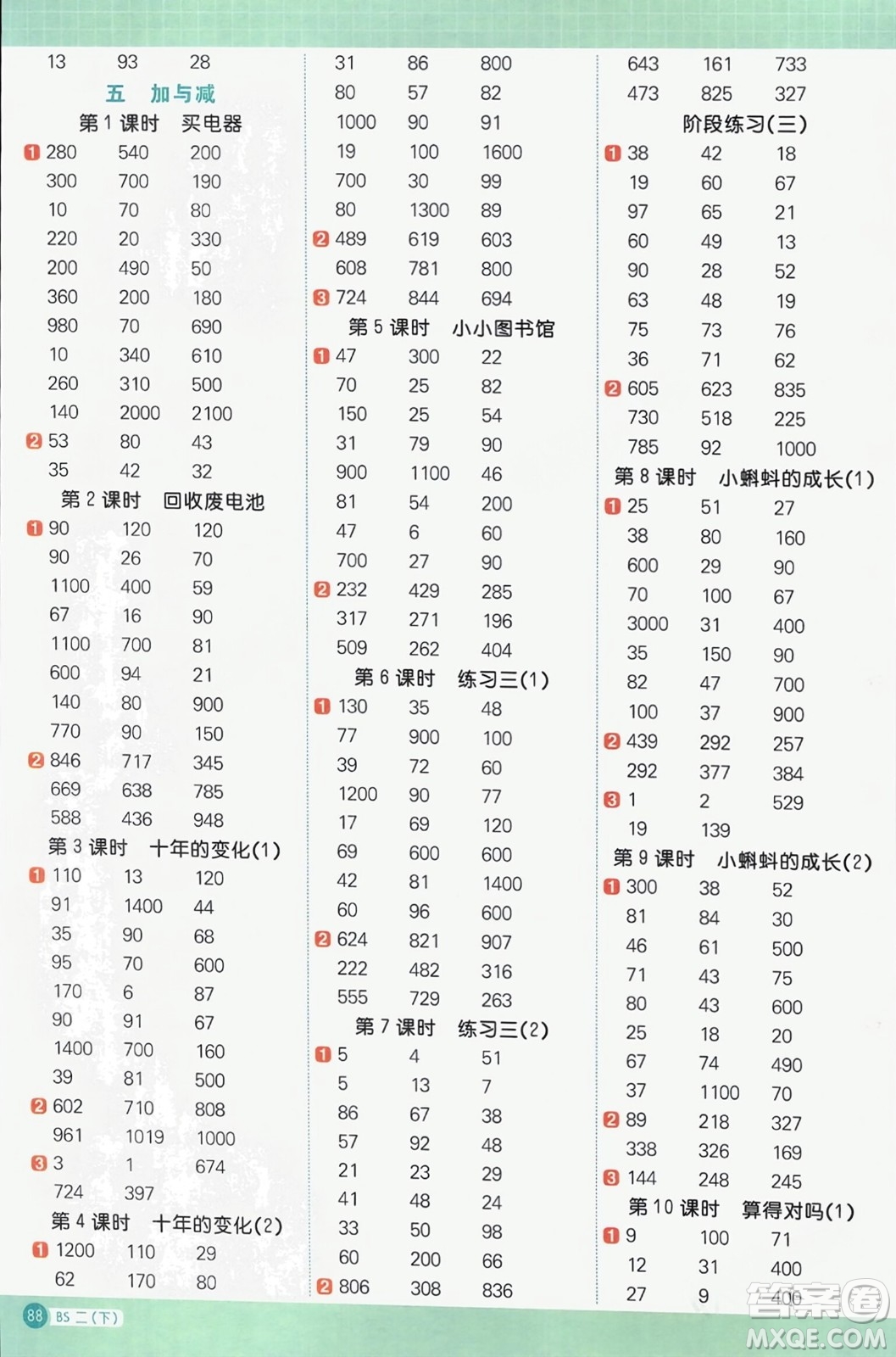 江西教育出版社2024年春陽光同學(xué)計算小達(dá)人二年級數(shù)學(xué)下冊北師大版參考答案