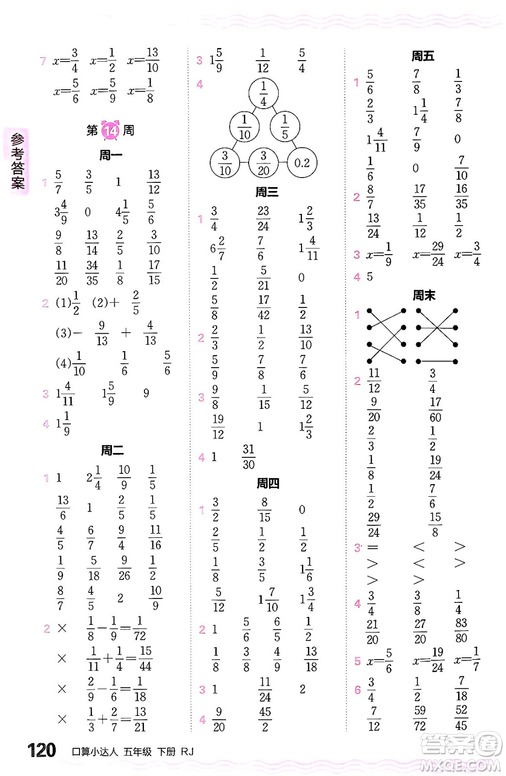 江西人民出版社2024年春王朝霞口算小達(dá)人五年級(jí)數(shù)學(xué)下冊(cè)人教版答案