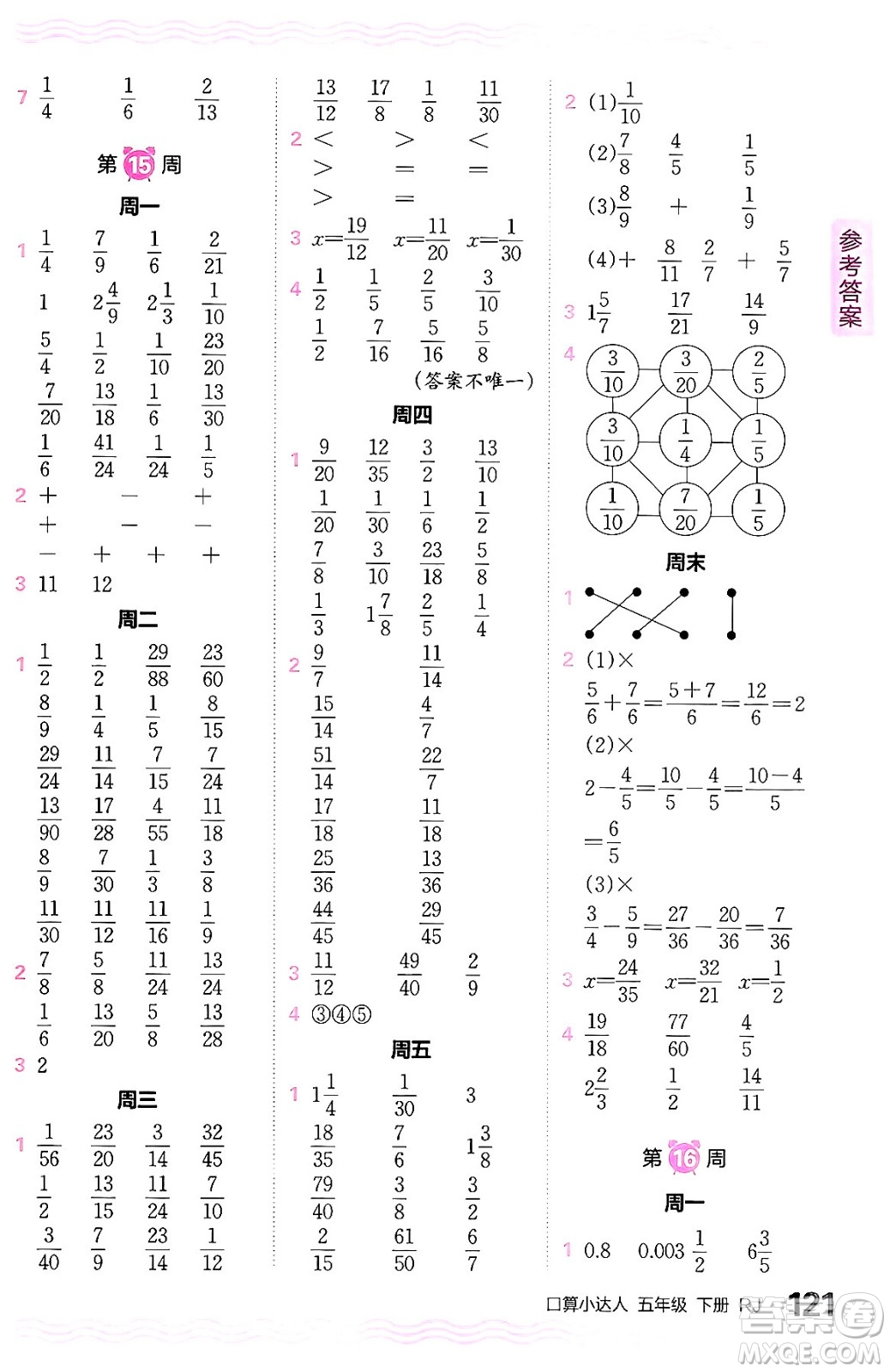 江西人民出版社2024年春王朝霞口算小達(dá)人五年級(jí)數(shù)學(xué)下冊(cè)人教版答案