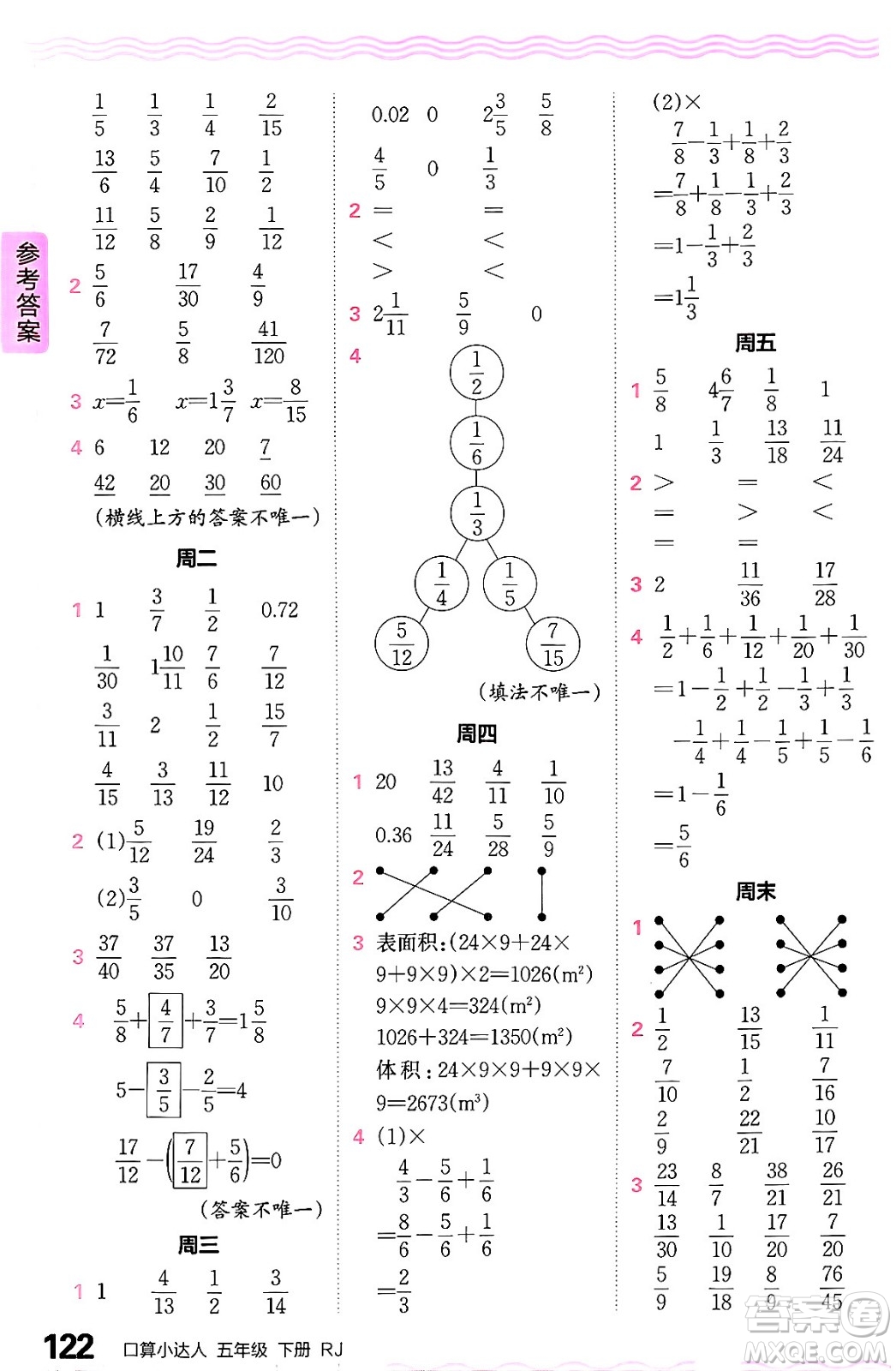 江西人民出版社2024年春王朝霞口算小達(dá)人五年級(jí)數(shù)學(xué)下冊(cè)人教版答案