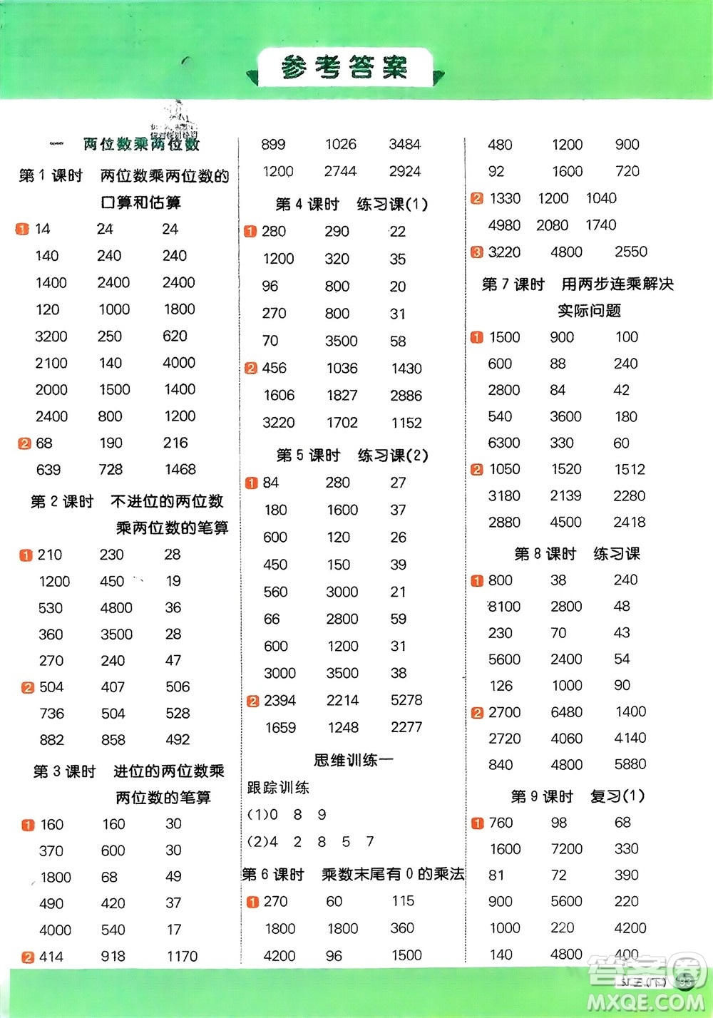 江西教育出版社2024年春陽光同學(xué)計(jì)算小達(dá)人三年級(jí)數(shù)學(xué)下冊(cè)蘇教版參考答案