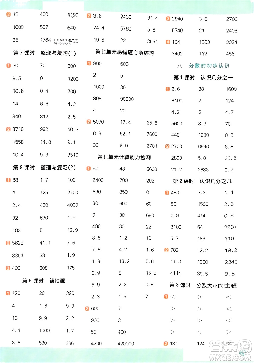 江西教育出版社2024年春陽(yáng)光同學(xué)計(jì)算小達(dá)人三年級(jí)數(shù)學(xué)下冊(cè)冀教版參考答案