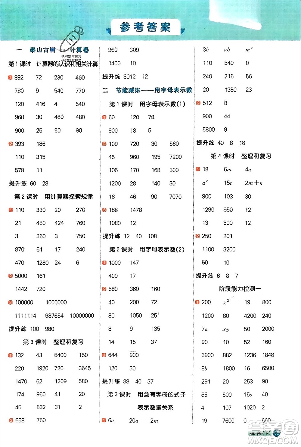 江西教育出版社2024年春陽(yáng)光同學(xué)計(jì)算小達(dá)人四年級(jí)數(shù)學(xué)下冊(cè)青島版參考答案