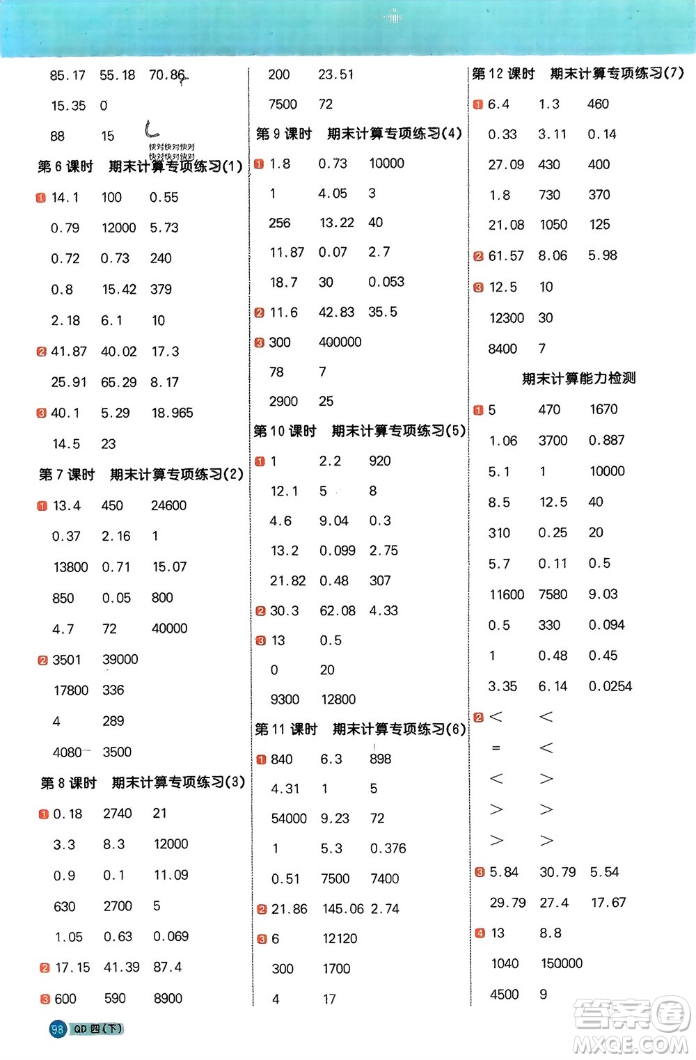 江西教育出版社2024年春陽(yáng)光同學(xué)計(jì)算小達(dá)人四年級(jí)數(shù)學(xué)下冊(cè)青島版參考答案