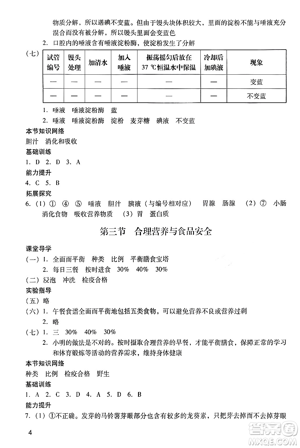 廣州出版社2024年春陽光學(xué)業(yè)評價七年級生物下冊人教版答案