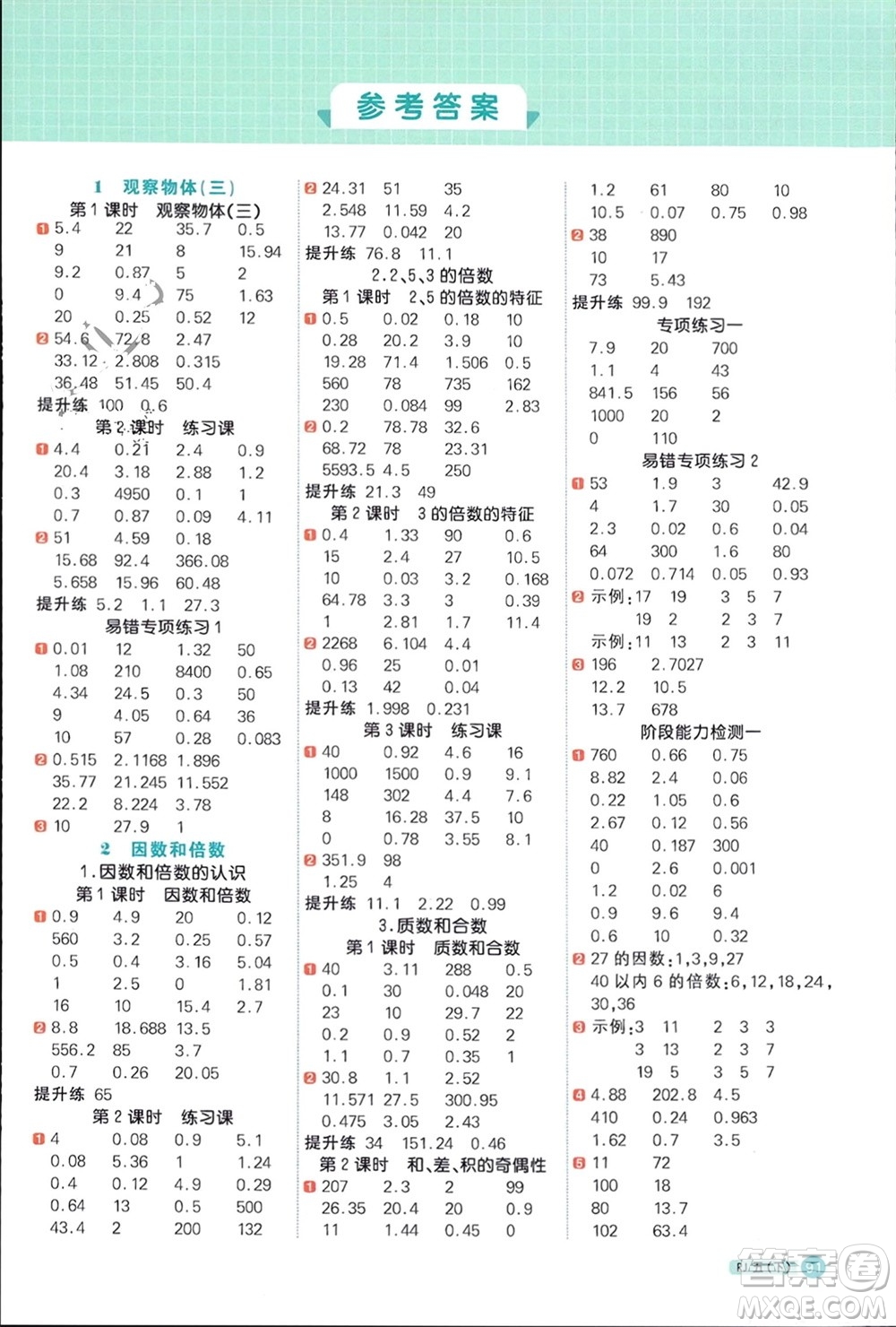 江西教育出版社2024年春陽光同學(xué)計算小達(dá)人五年級數(shù)學(xué)下冊人教版福建專版參考答案