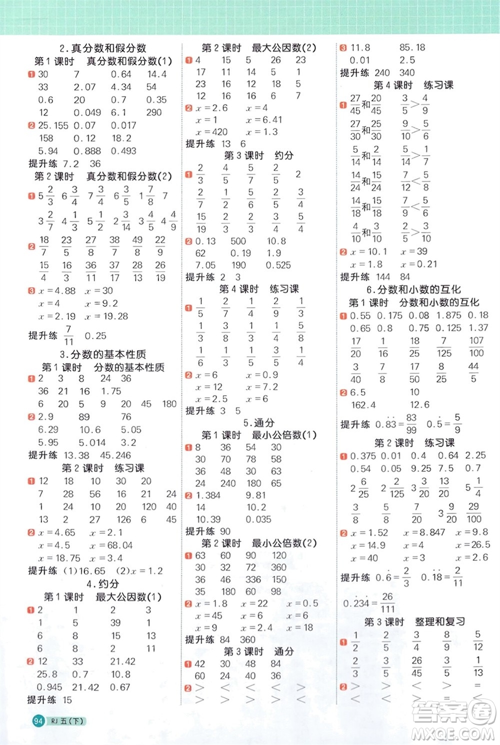 江西教育出版社2024年春陽光同學(xué)計算小達(dá)人五年級數(shù)學(xué)下冊人教版福建專版參考答案