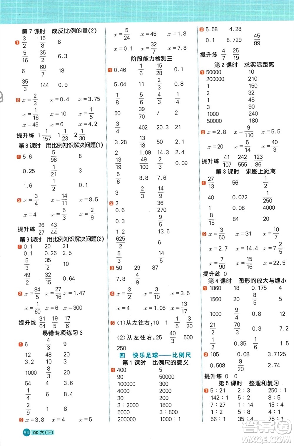 江西教育出版社2024年春陽光同學計算小達人六年級數(shù)學下冊青島版參考答案