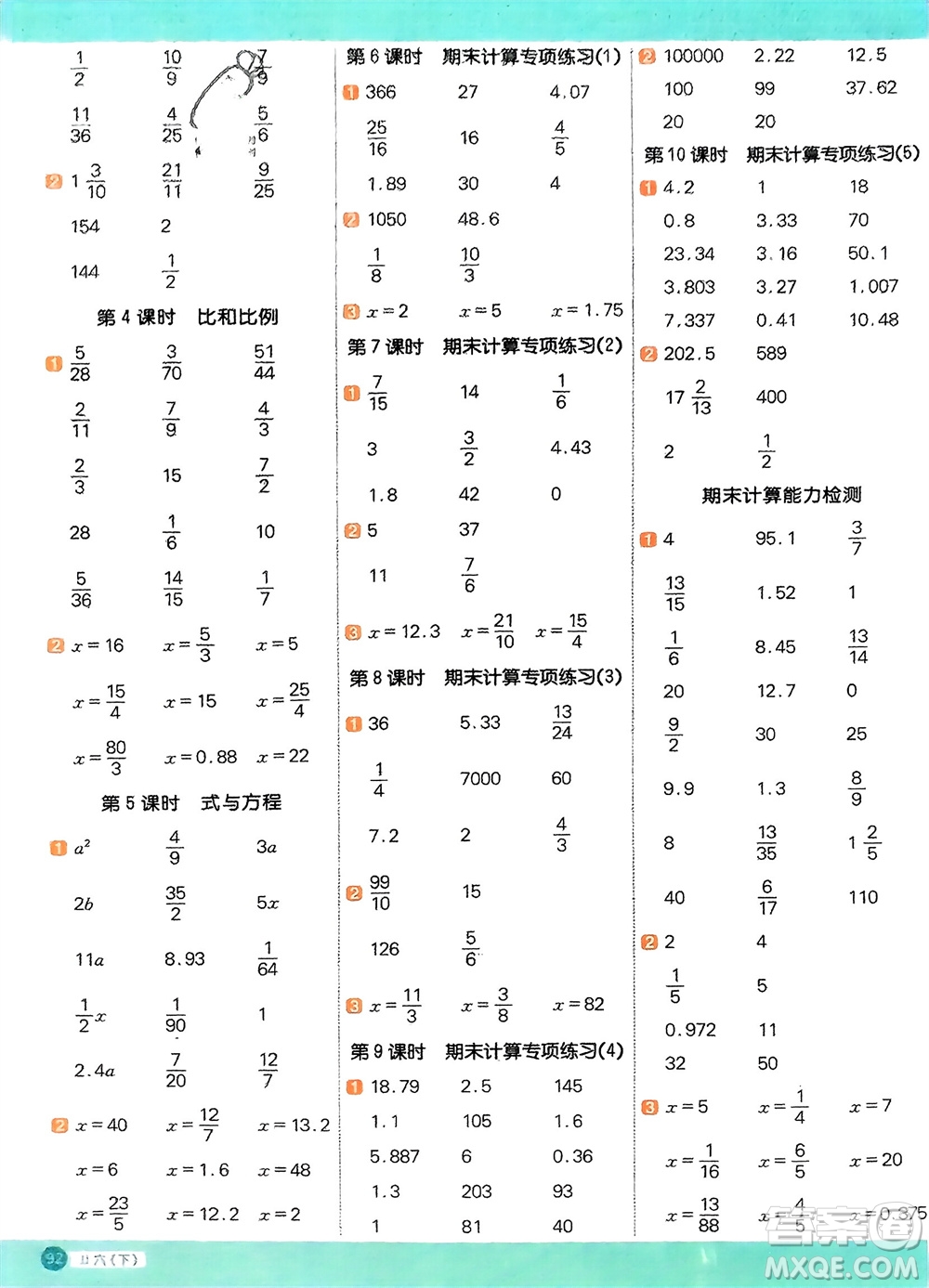 江西教育出版社2024年春陽光同學計算小達人六年級數(shù)學下冊冀教版參考答案