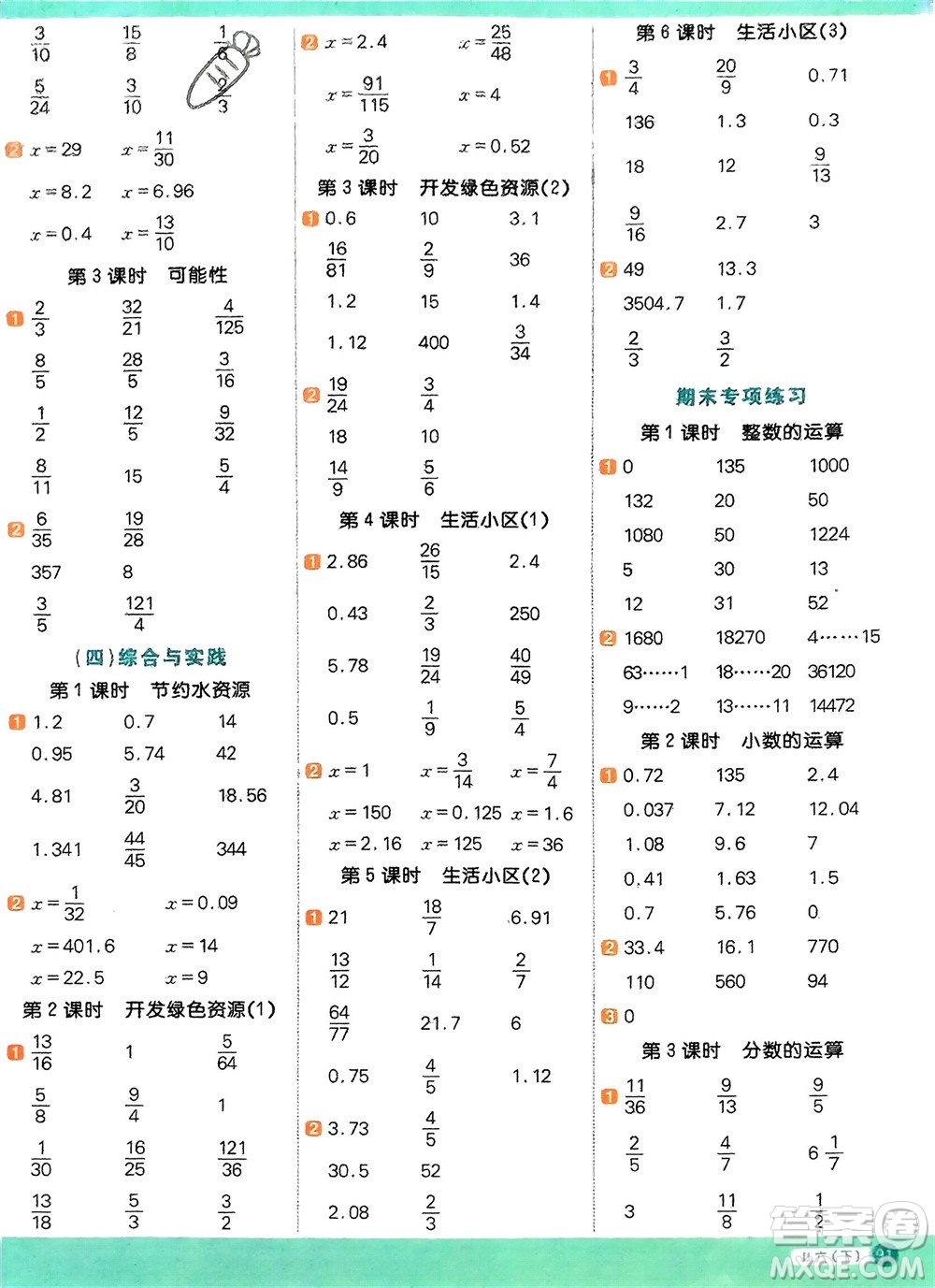 江西教育出版社2024年春陽光同學計算小達人六年級數(shù)學下冊冀教版參考答案