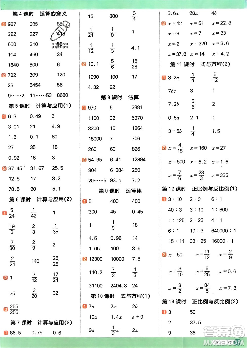 江西教育出版社2024年春陽光同學(xué)計算小達人六年級數(shù)學(xué)下冊北師大版參考答案