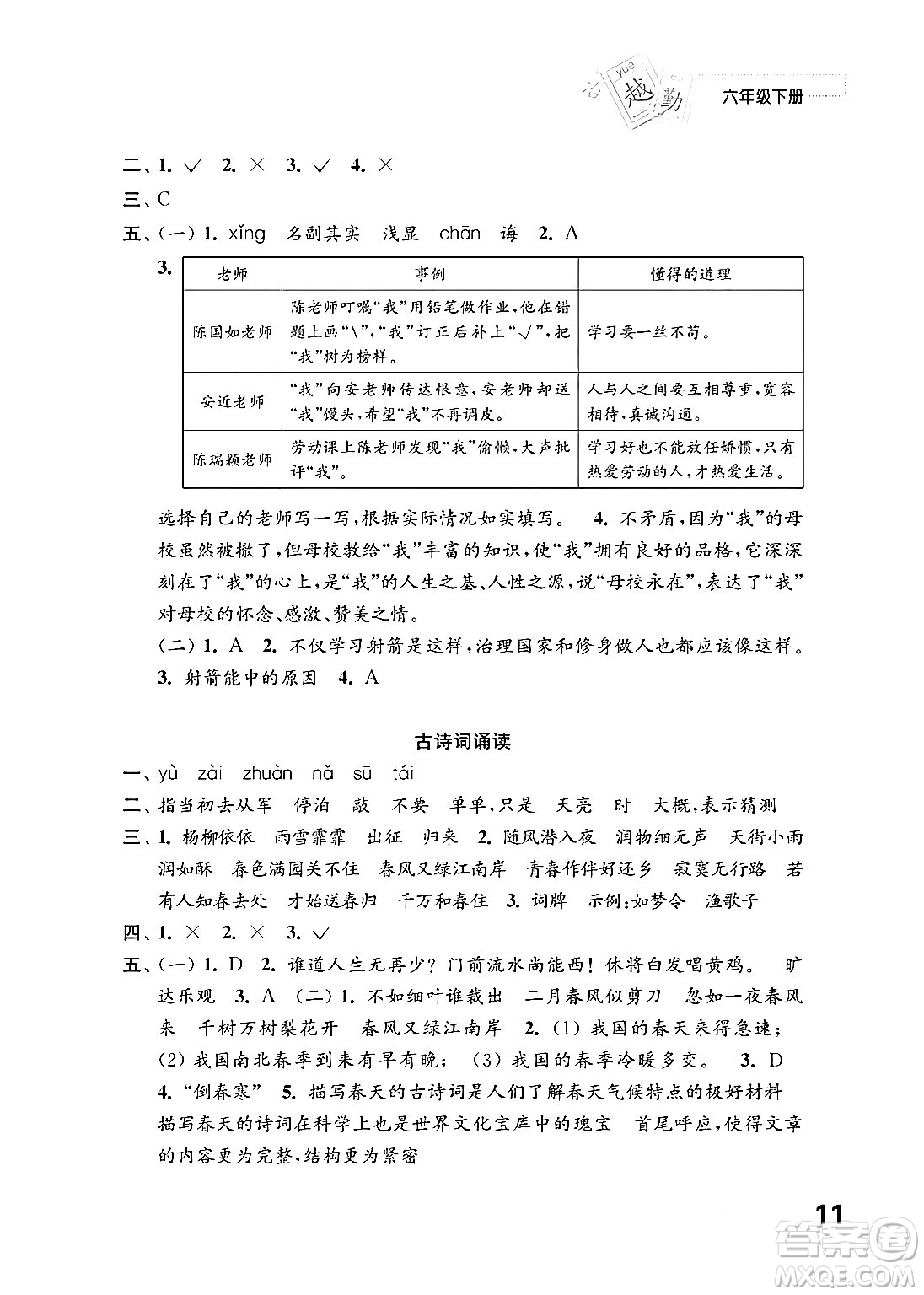 江蘇鳳凰教育出版社2024年春小學(xué)語(yǔ)文練習(xí)與測(cè)試六年級(jí)語(yǔ)文下冊(cè)通用版答案