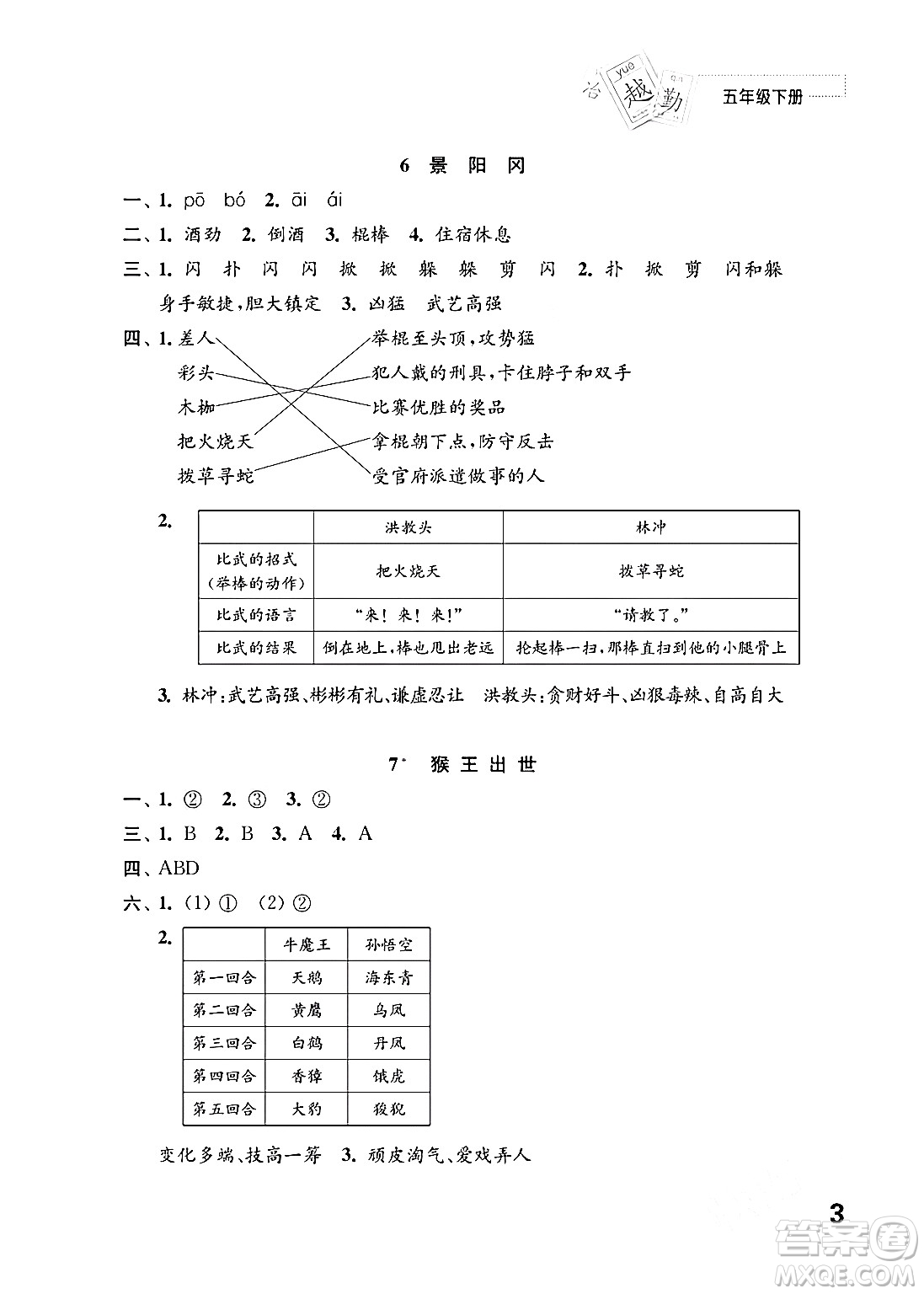 江蘇鳳凰教育出版社2024年春小學語文練習與測試五年級語文下冊通用版答案