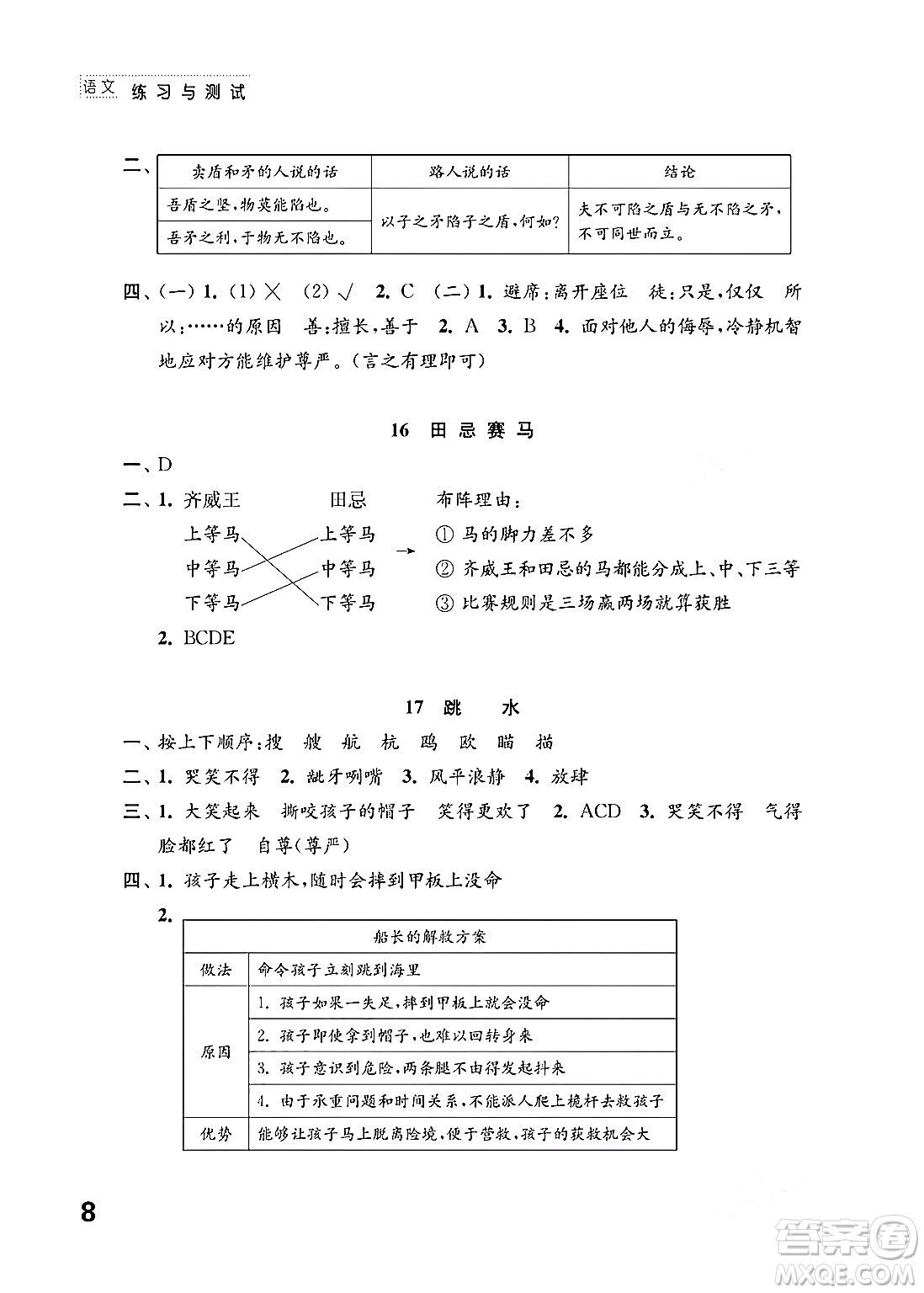 江蘇鳳凰教育出版社2024年春小學語文練習與測試五年級語文下冊通用版答案