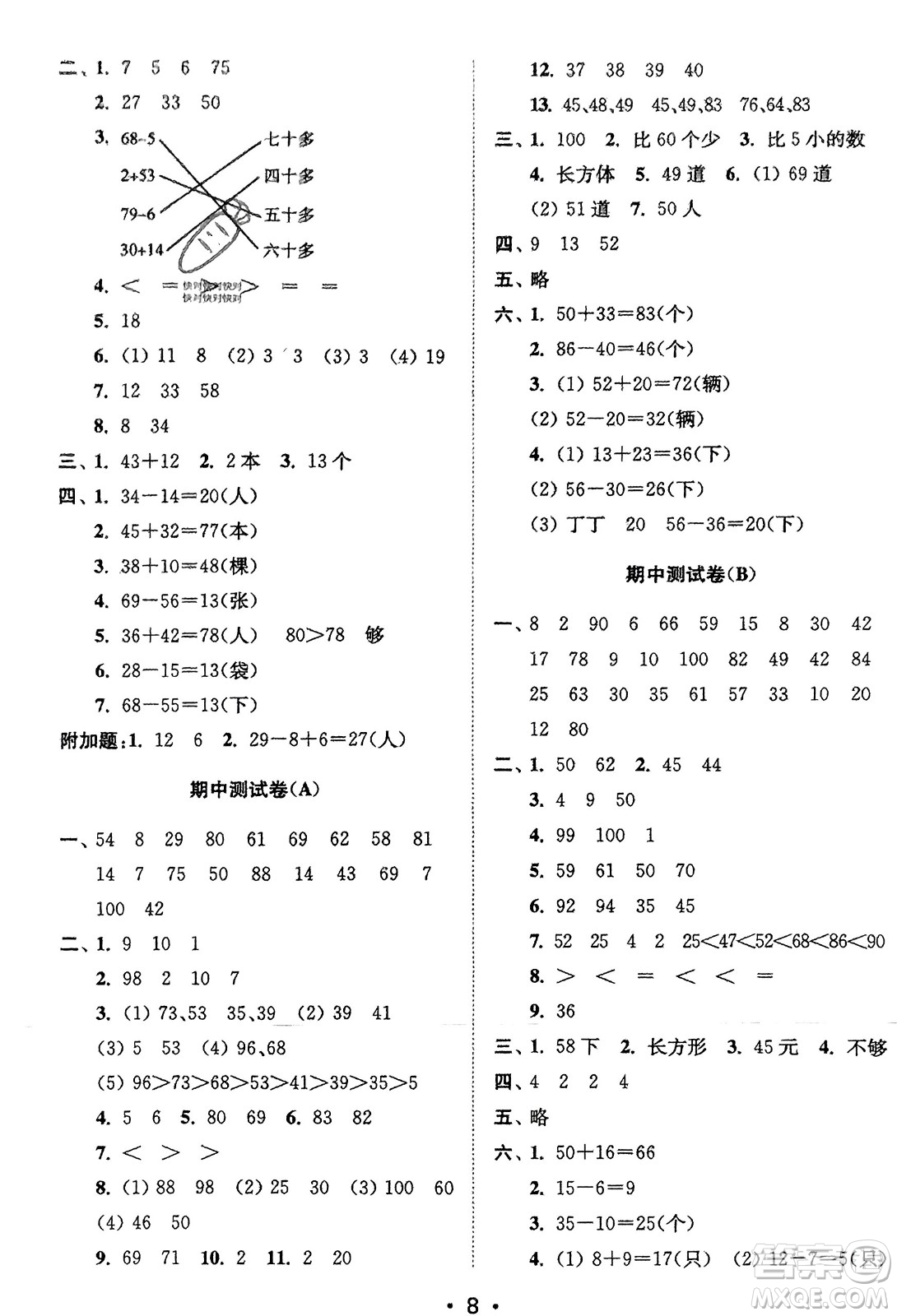 江蘇鳳凰美術出版社2024年春創(chuàng)新課時作業(yè)本一年級數(shù)學下冊江蘇版參考答案