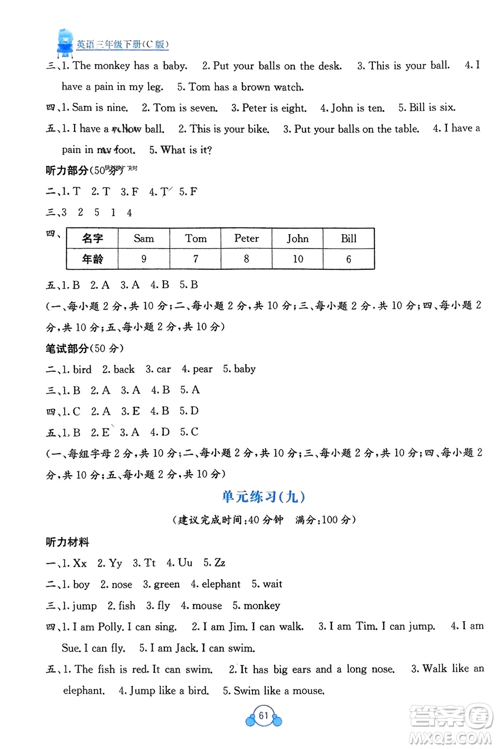 廣西教育出版社2024年春自主學(xué)習(xí)能力測評單元測試三年級英語下冊C版接力版參考答案