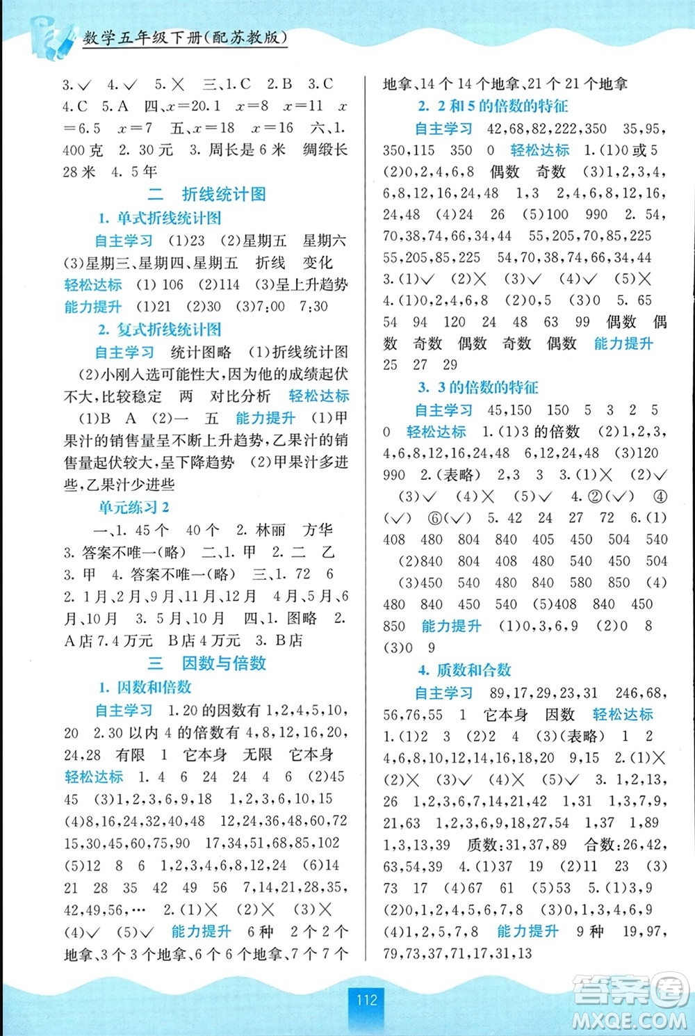 廣西教育出版社2024年春自主學(xué)習能力測評五年級數(shù)學(xué)下冊蘇教版參考答案