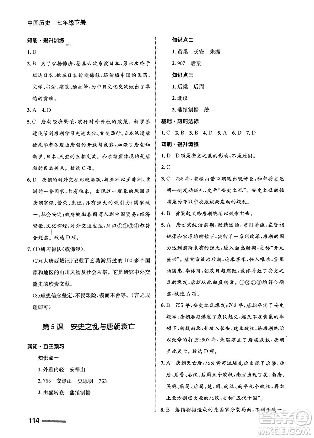甘肅教育出版社2024年春配套綜合練習(xí)七年級歷史下冊人教版參考答案