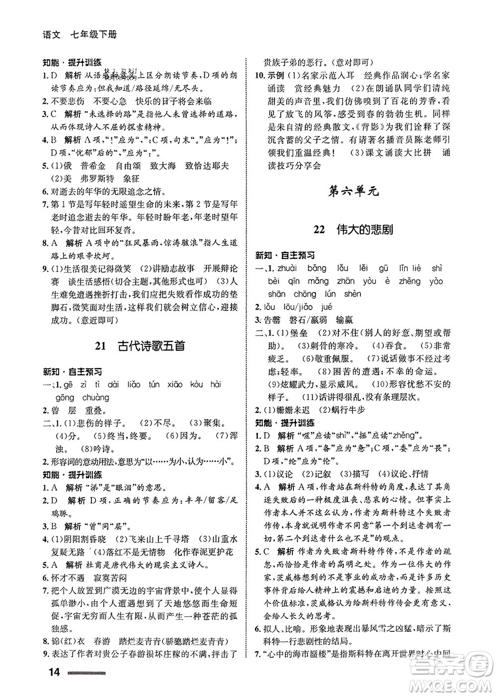 甘肅少年兒童出版社2024年春配套綜合練習(xí)七年級(jí)語(yǔ)文下冊(cè)人教版參考答案