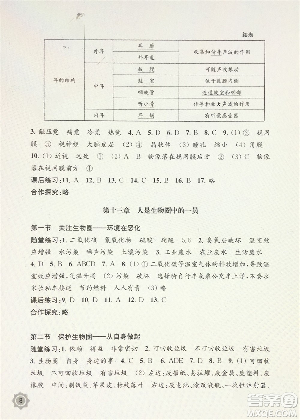 江蘇鳳凰教育出版社2024年春配套綜合練習(xí)七年級生物下冊蘇教版參考答案