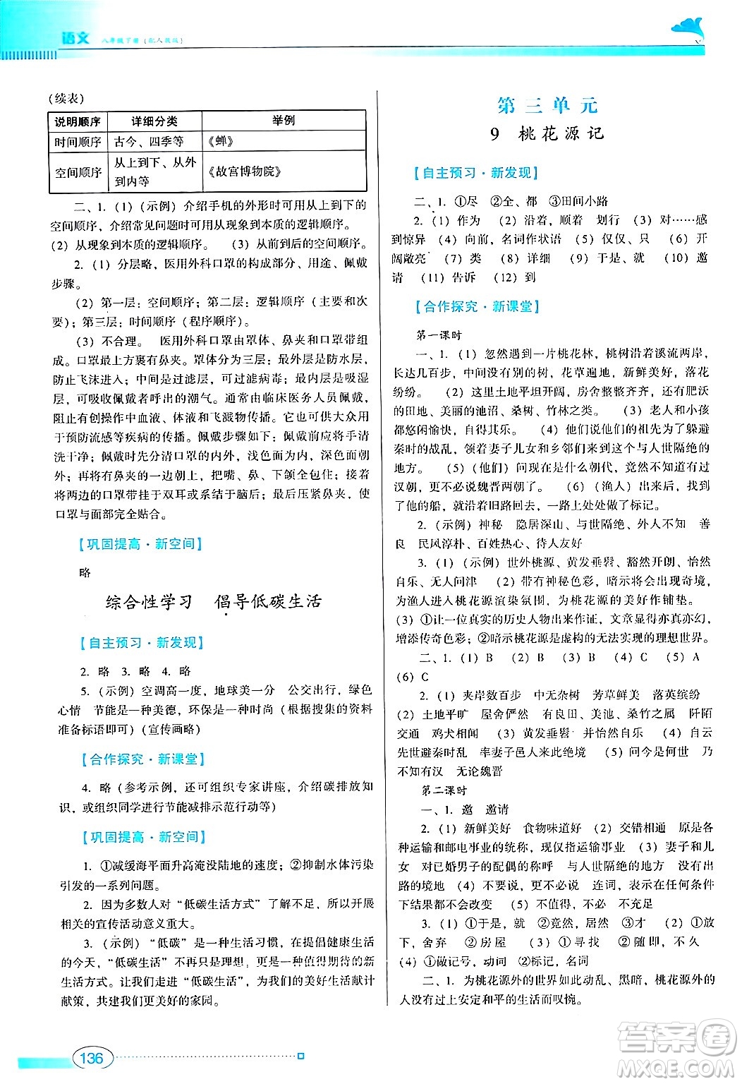 廣東教育出版社2024年春南方新課堂金牌學案八年級語文人教版答案