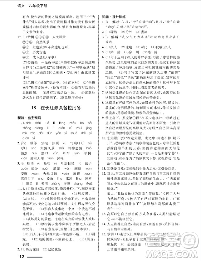 甘肅教育出版社2024年春配套綜合練習(xí)八年級(jí)語(yǔ)文下冊(cè)人教版參考答案