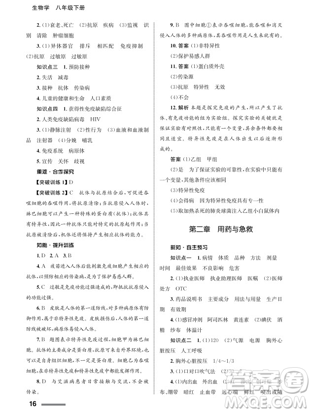 甘肅教育出版社2024年春配套綜合練習(xí)八年級生物下冊人教版參考答案