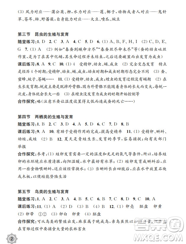 江蘇鳳凰教育出版社2024年春配套綜合練習(xí)八年級(jí)生物下冊(cè)蘇教版參考答案
