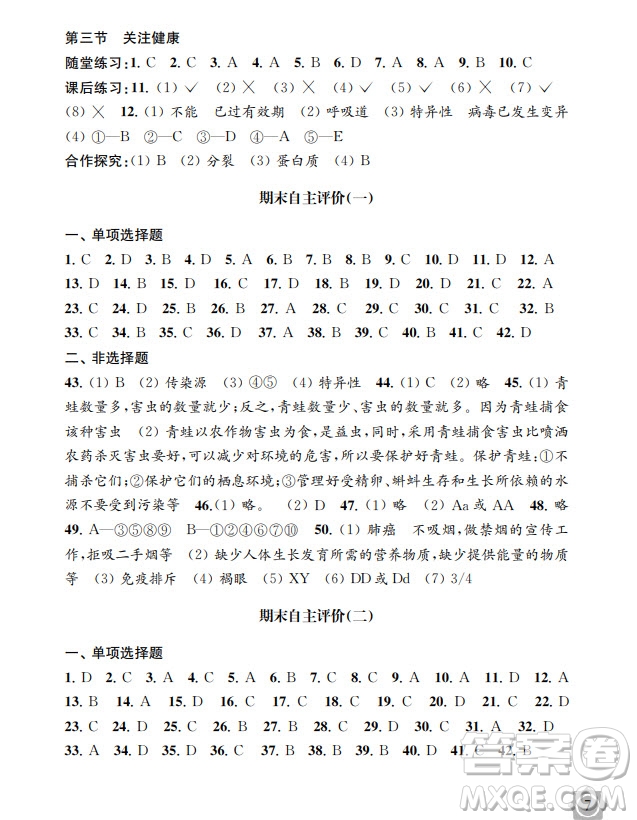 江蘇鳳凰教育出版社2024年春配套綜合練習(xí)八年級(jí)生物下冊(cè)蘇教版參考答案