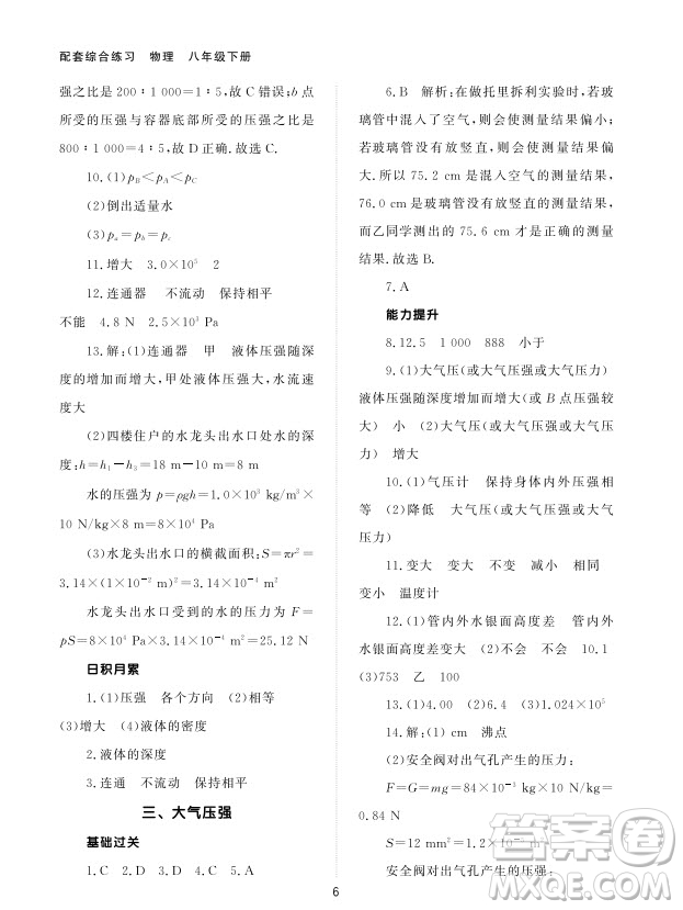 北京師范大學(xué)出版社2024年春配套綜合練習(xí)八年級物理下冊人教版參考答案