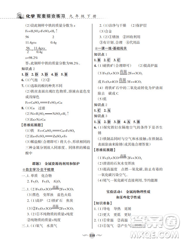 甘肅文化出版社2024年春配套綜合練習(xí)九年級(jí)化學(xué)下冊(cè)人教版參考答案