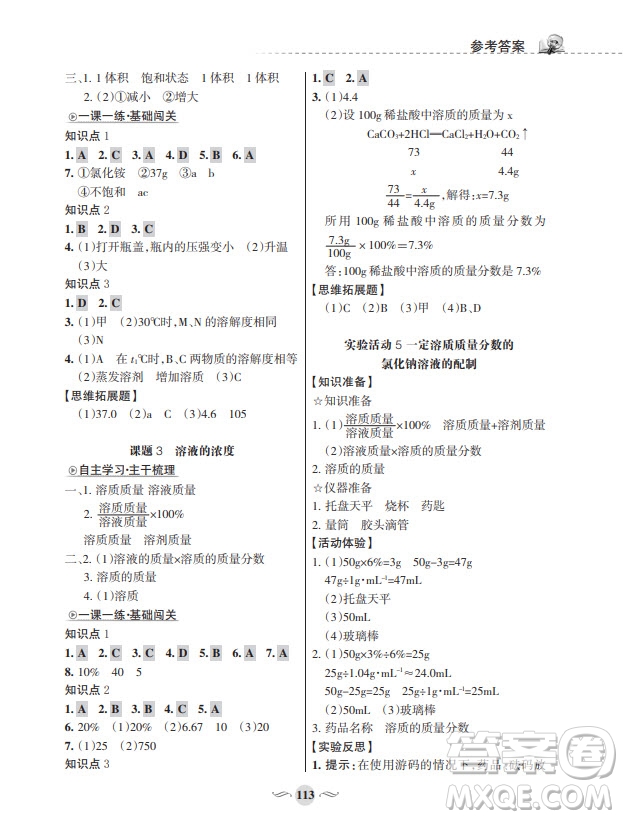 甘肅文化出版社2024年春配套綜合練習(xí)九年級(jí)化學(xué)下冊(cè)人教版參考答案
