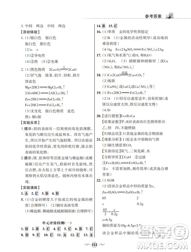 甘肅文化出版社2024年春配套綜合練習(xí)九年級(jí)化學(xué)下冊(cè)人教版參考答案