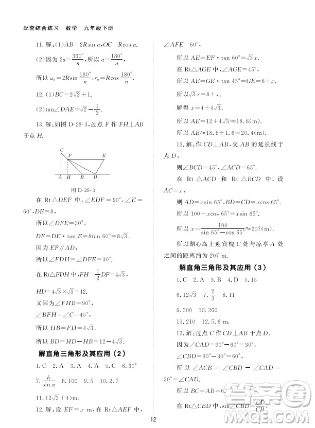 北京師范大學(xué)出版社2024年春配套綜合練習(xí)九年級數(shù)學(xué)下冊人教版參考答案