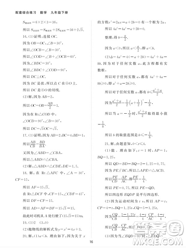 北京師范大學(xué)出版社2024年春配套綜合練習(xí)九年級數(shù)學(xué)下冊人教版參考答案