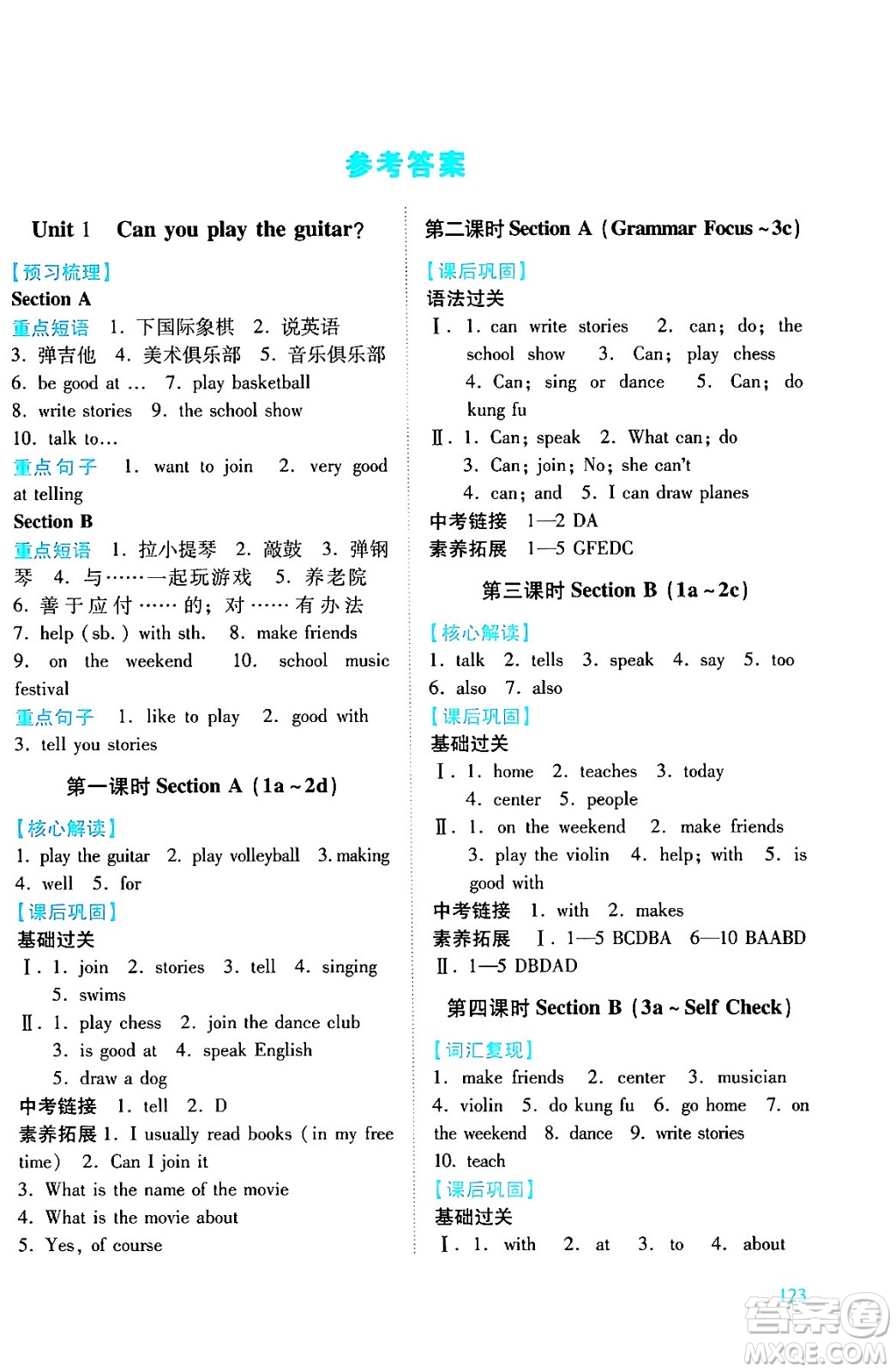人民教育出版社2024年春績優(yōu)學(xué)案七年級英語下冊人教版答案