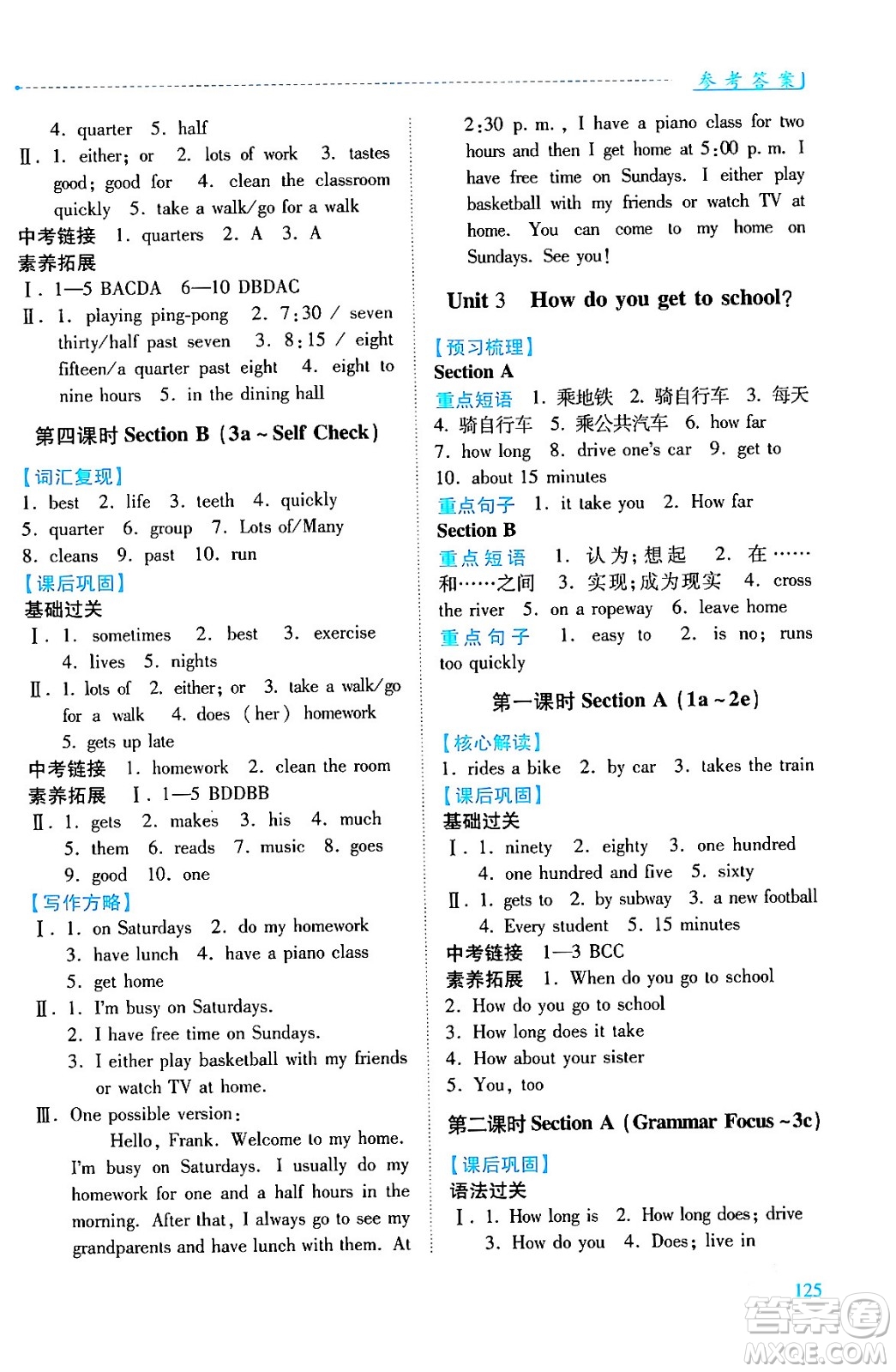人民教育出版社2024年春績優(yōu)學(xué)案七年級英語下冊人教版答案