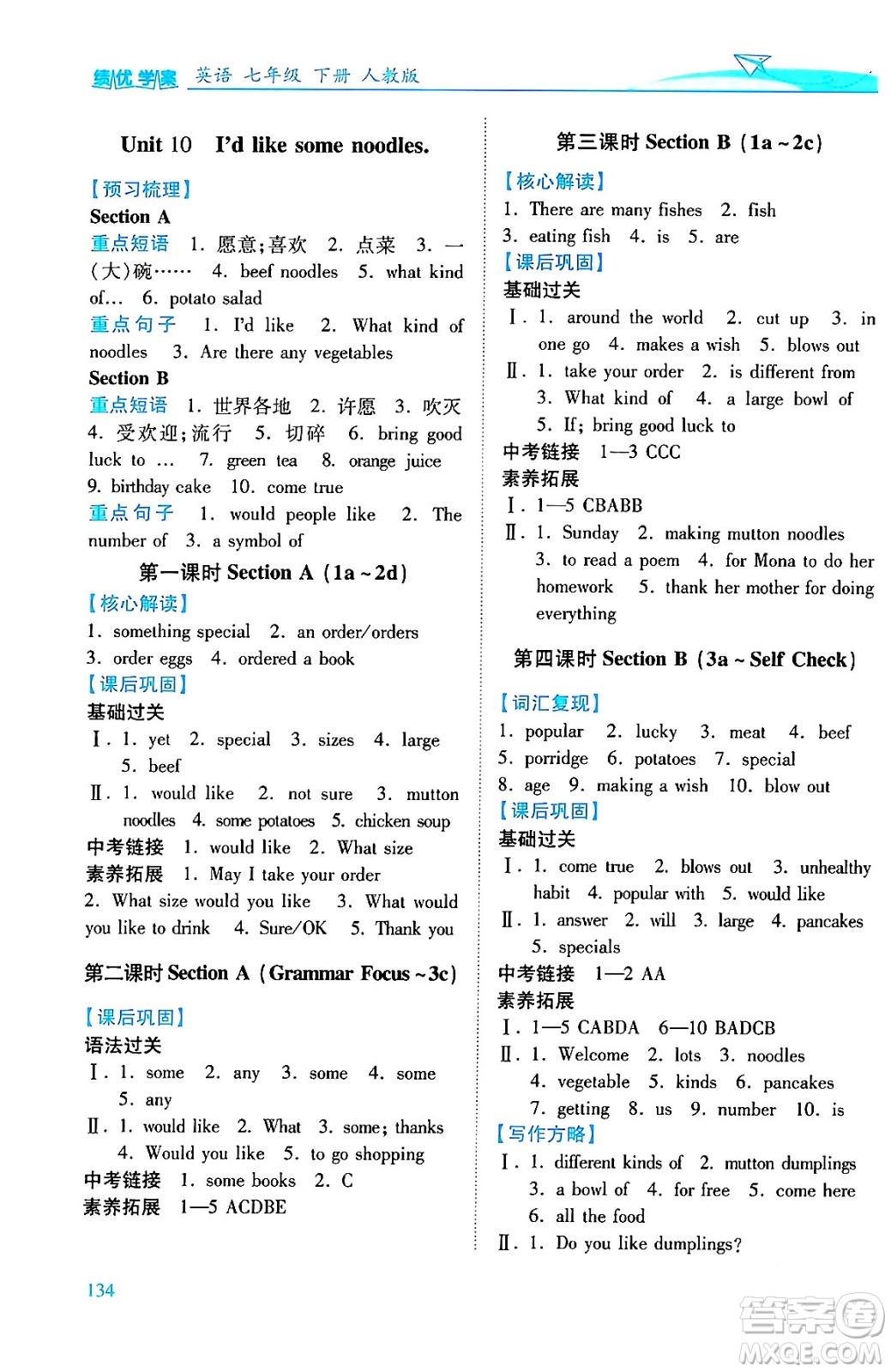 人民教育出版社2024年春績優(yōu)學(xué)案七年級英語下冊人教版答案