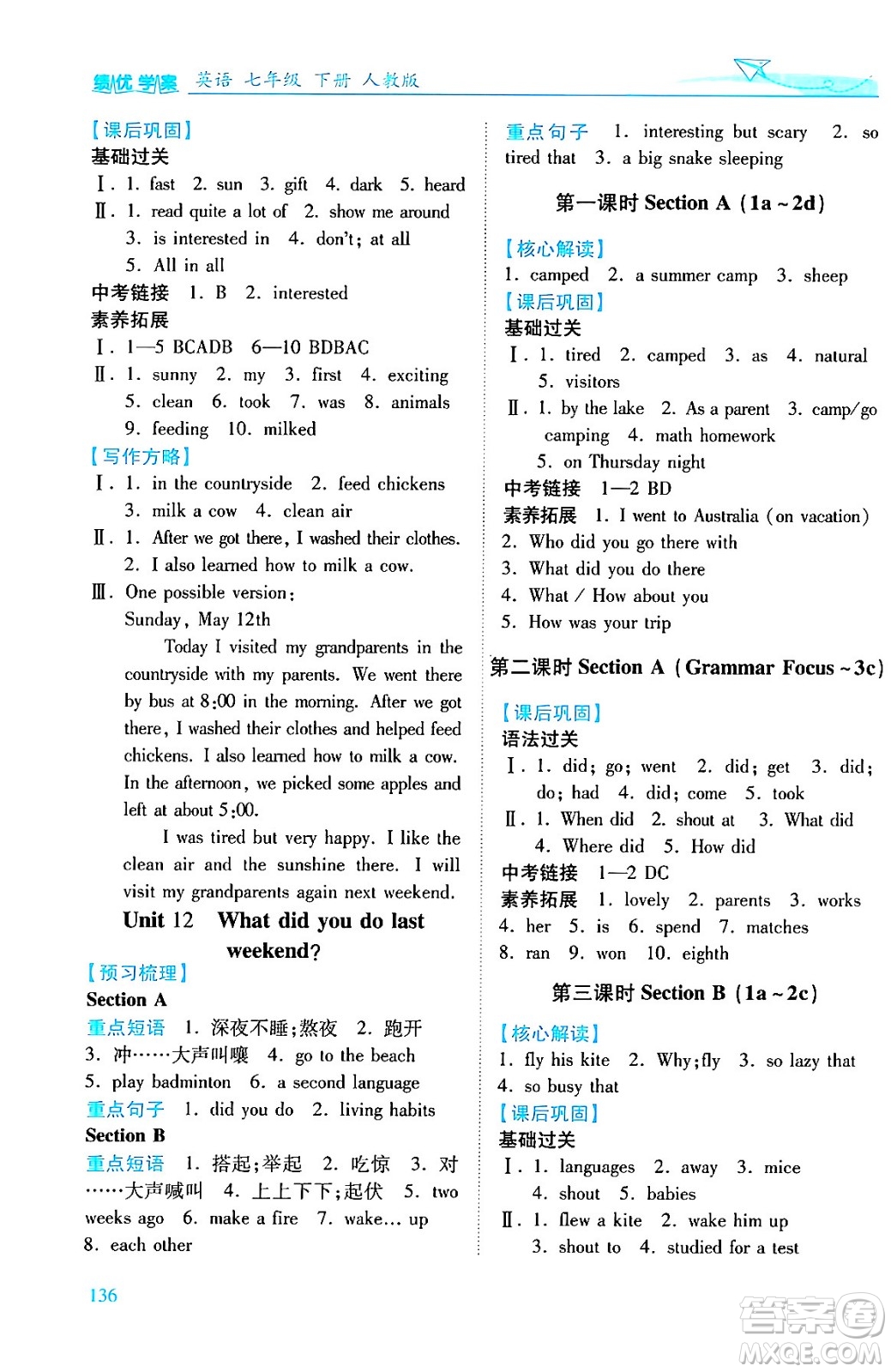 人民教育出版社2024年春績優(yōu)學(xué)案七年級英語下冊人教版答案