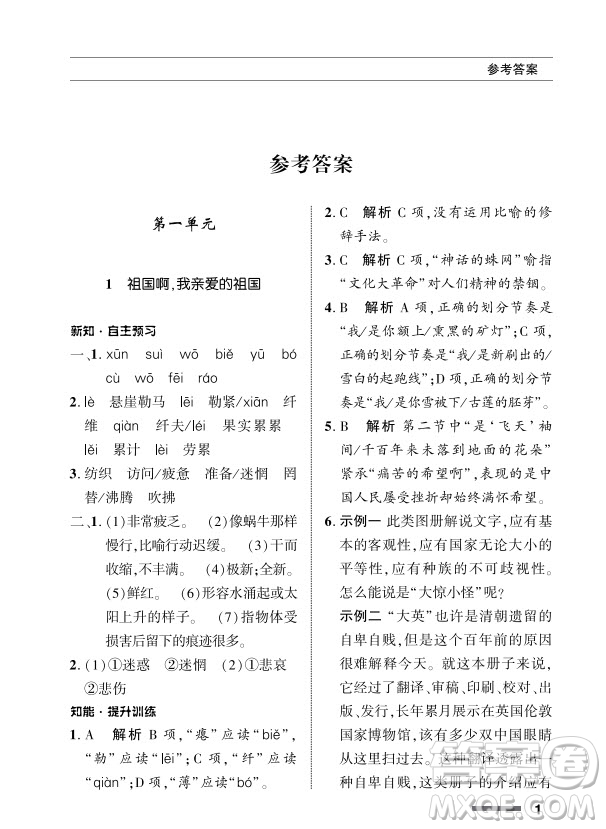 北京師范大學(xué)出版社2024年春配套綜合練習(xí)九年級語文下冊人教版參考答案