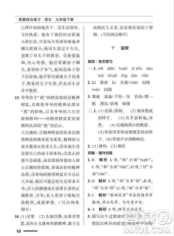 北京師范大學(xué)出版社2024年春配套綜合練習(xí)九年級語文下冊人教版參考答案