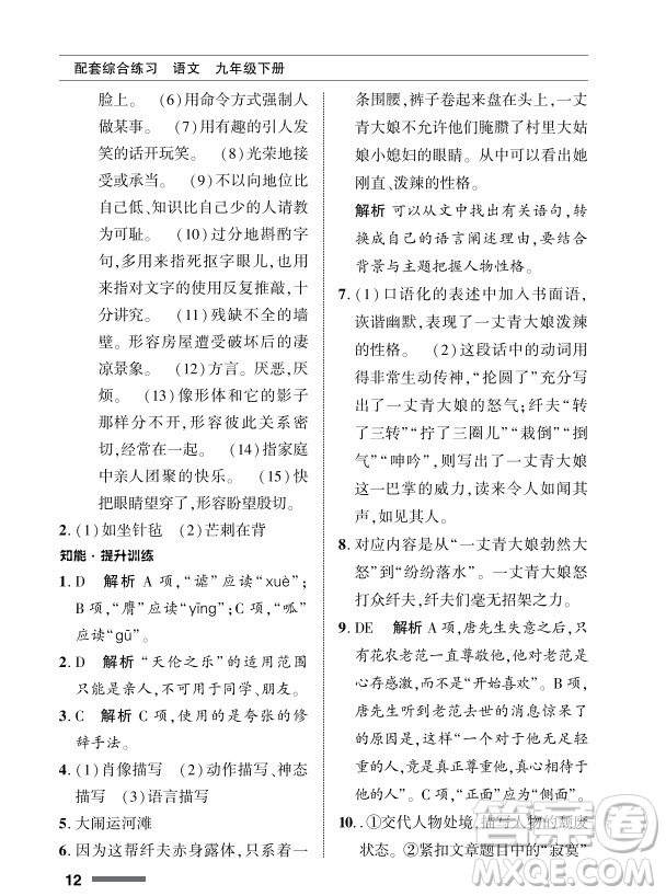 北京師范大學(xué)出版社2024年春配套綜合練習(xí)九年級語文下冊人教版參考答案