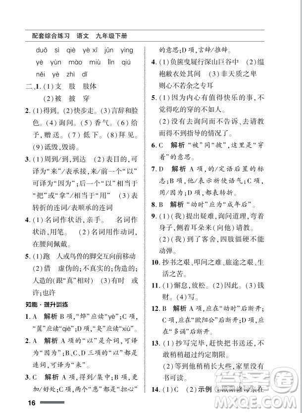 北京師范大學(xué)出版社2024年春配套綜合練習(xí)九年級語文下冊人教版參考答案